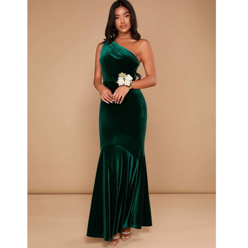 One Shoulder Green Velvet Mermaid Maxi Dress